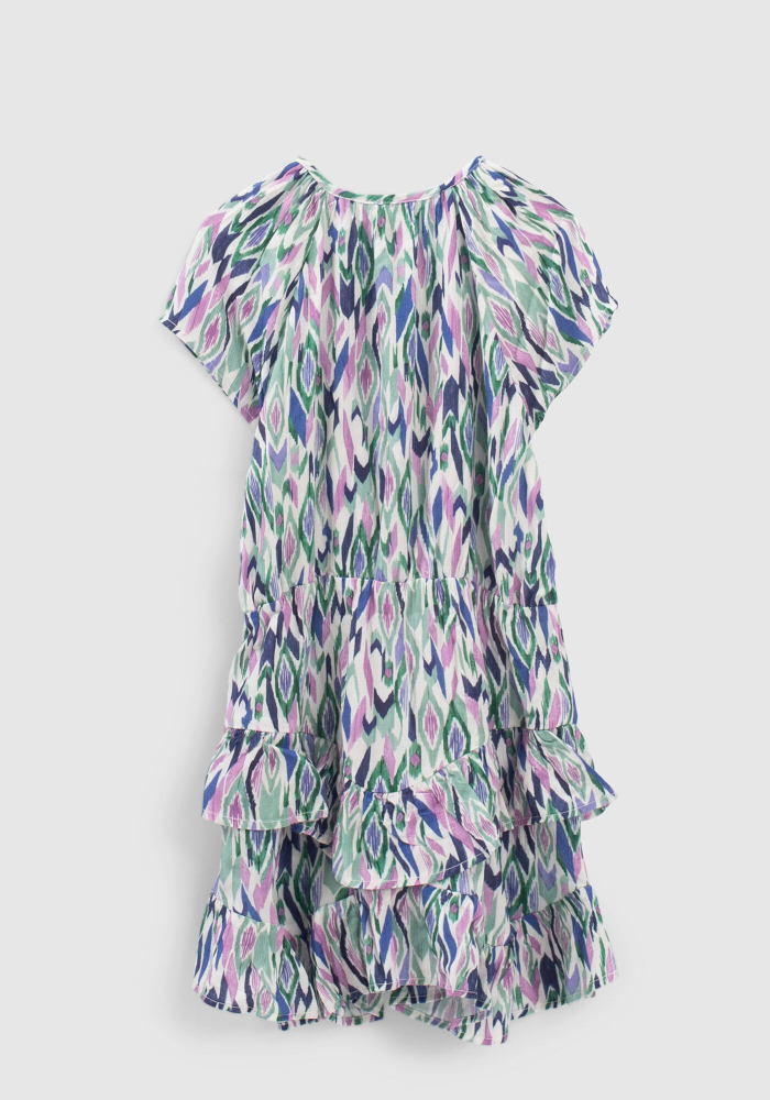 detail Dívčí barevné šaty s grafickým potiskem - asymetrický lem s volánky IKKS