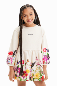Dívčí šaty s fotografickým květinovým potiskem na sukni a manžetách. DESIGUAL