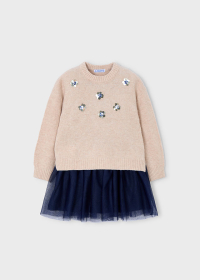 Dívčí šaty se svetrovým vrškem a tylovou sukní v béžové barvě MAYORAL