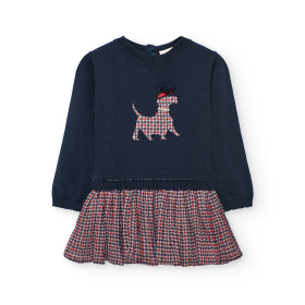 Dívčí pletené šaty s motivem pejska a kostkovaným vzorem. BOBOLI