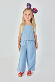 Dívčí široké džínové kalhoty s krajkovou výšivkou BOBOLI