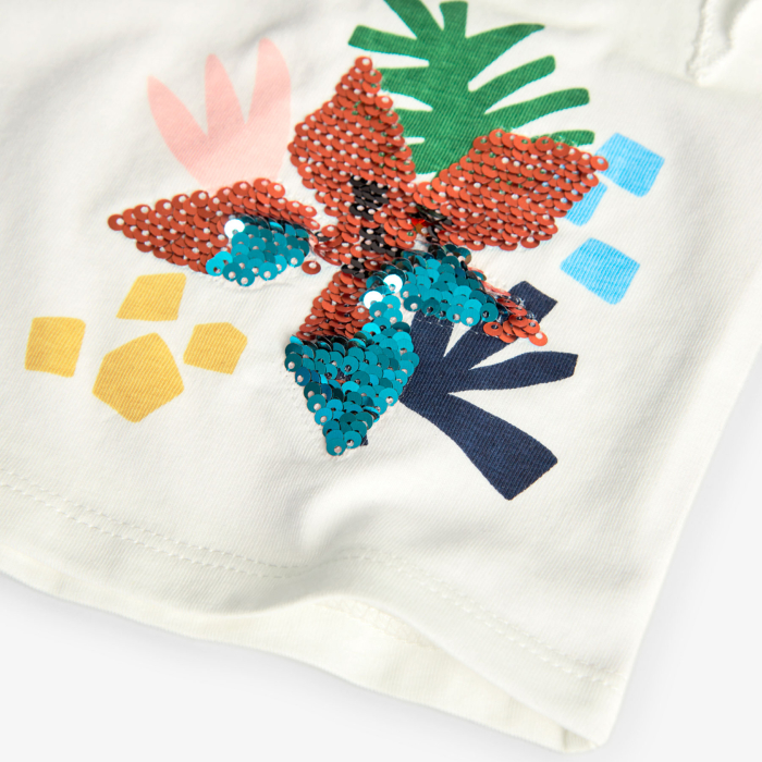 detail Dívčí bílé tričko s flitrovým motivem květiny BOBOLI