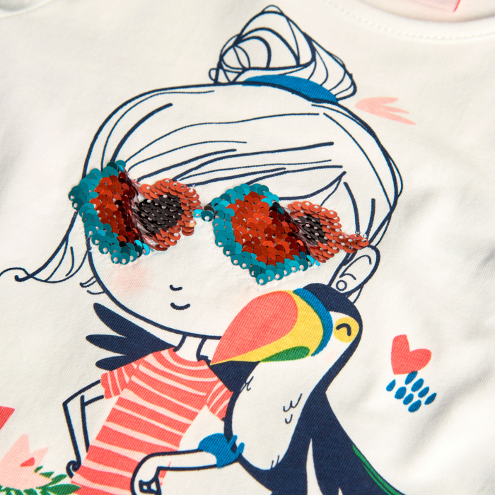 detail Dívčí bílé tričko s motivem dívky a flitry BOBOLI