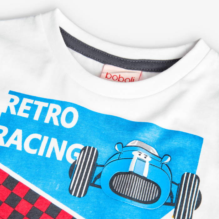 detail Chlapečkové pletené triko s potiskem obrázků závodních aut BOBOLI