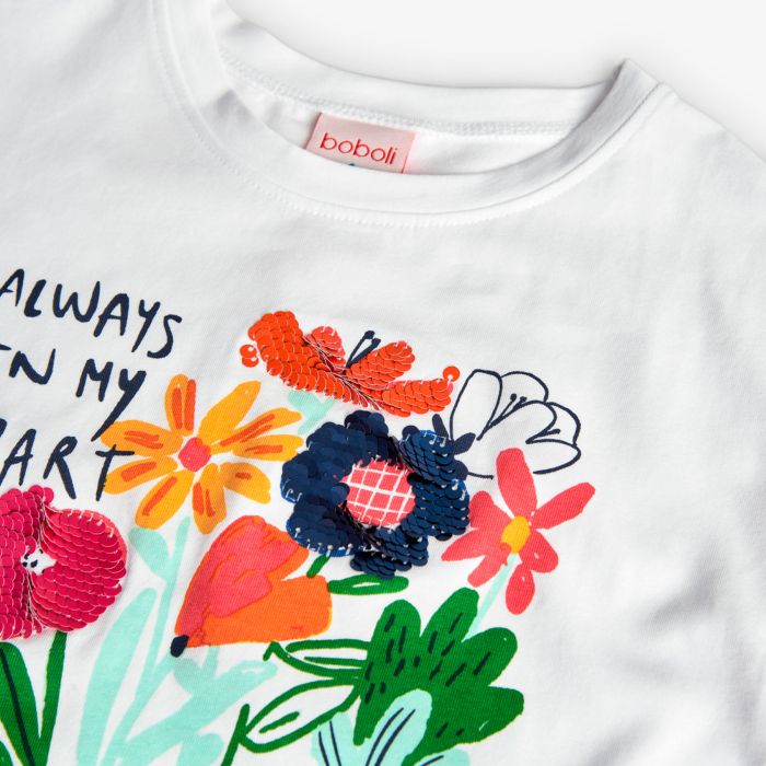 detail Dívčí bílé tričko s květinovým potiskem BOBOLI
