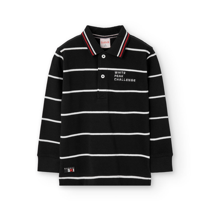 detail Chlapecké černé polo tričko s proužky z příjemné bavlny BOBOLI