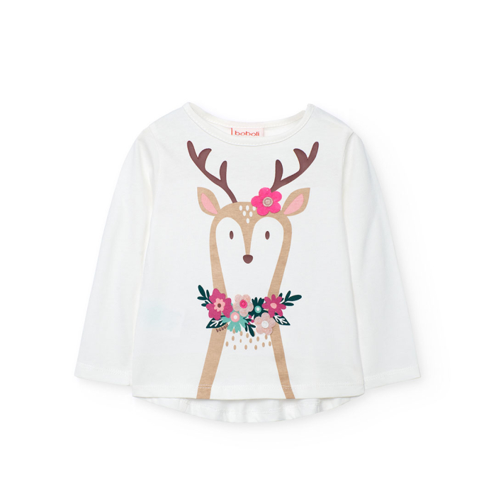 detail Dívčí bavlněné tričko s motivem jelínka a květinovým zdobením. BOBOLI