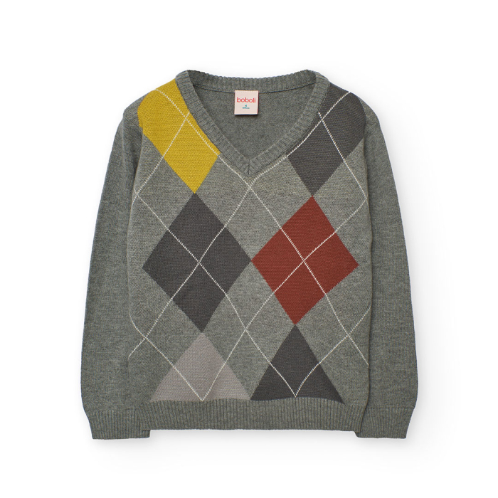 detail Chlapecký svetr s kostkovaným vzorem – šedý BOBOLI