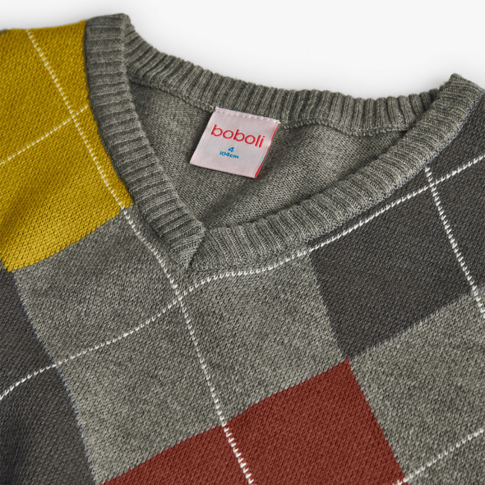 detail Chlapecký svetr s kostkovaným vzorem – šedý BOBOLI
