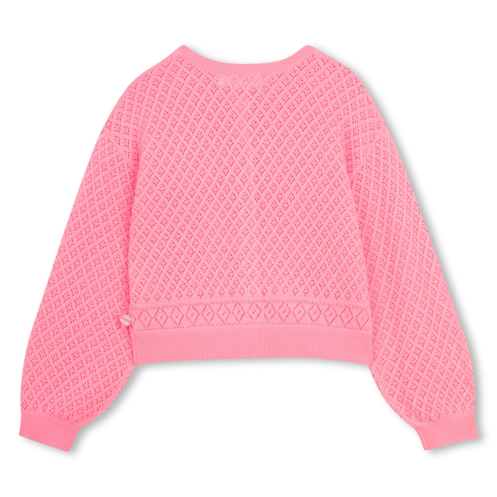 detail Dívčí kardigan, pletený svetr, růžový, glitry, prolamovaný vzor BILLIEBLUSH