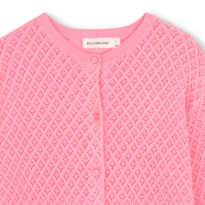 detail Dívčí kardigan, pletený svetr, růžový, glitry, prolamovaný vzor BILLIEBLUSH