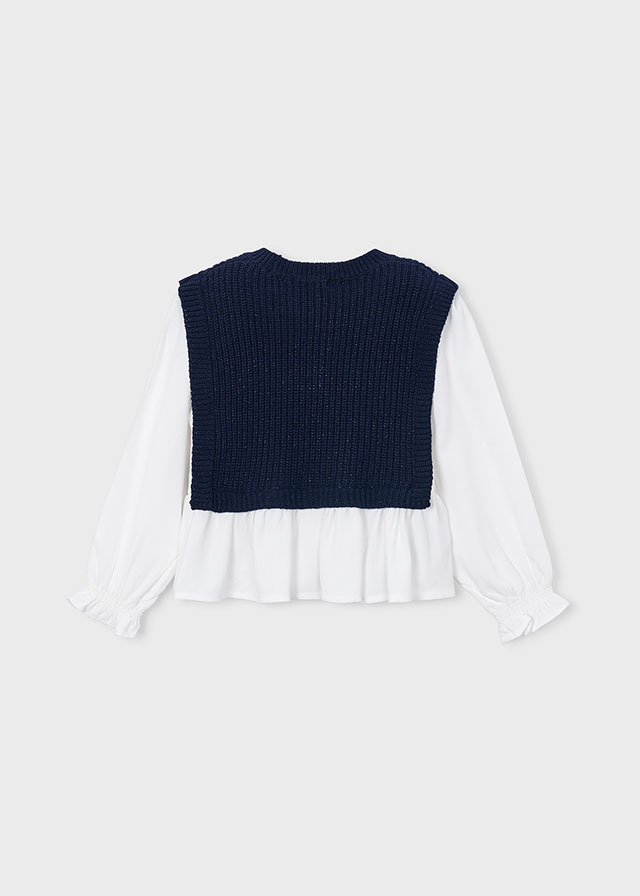 detail Dívčí bílá halenka s tmavě modrou pletenou vestou MAYORAL