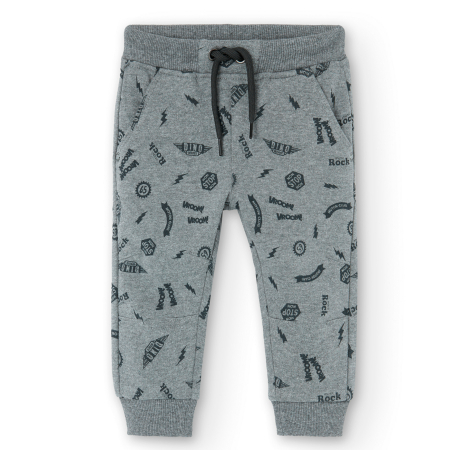 detail Chlapecké kalhoty z tmavě šedé melanžové žerzeje s potiskem nápisů BOBOLI