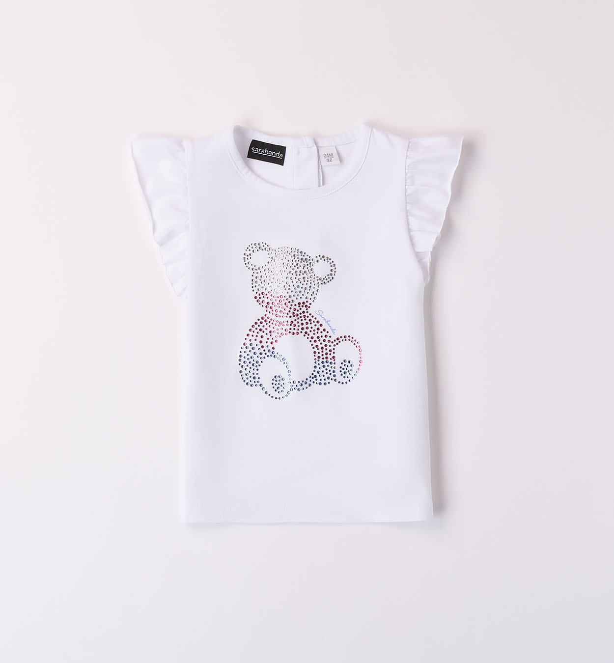 Dívčí tričko osvětlené kamínkovým medvědem - volánky na rukávech SARABANDA
